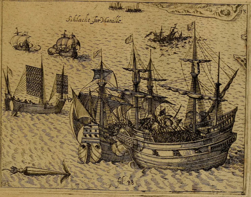 An illustration from Americæ nona & postrema pars : qua de ratione elementorum, de novi orbis natvra, de hvivs incolarvm svperstitiosis cultibus : deq; forma politiæ ac reipubl. ipsorum copiosè pertractatur : catalogo regnum Mexicanorum omnium, à primo vsq; ad vltimum Monteçuman II. additio ... : his accessit designatio illivs navigationis, quam 5. naves Hollandicae anno 1598. per fretum Magellanum in Moluccanas insulas tentarunt : quomodo nimirum oborta tempestate Capitaeus Sebalt de Weert à cæteris nauibus dispulsus, postquam plurimis mensibus in freto infinitis aerumnis miserè iactatus fuisset, tandem infectare post biennum an. 1600. domum reuersus sit : addita est tertio navigatio recens, quam 4. navium praefectus Olevier à Noort proximè suscepit ... : omnia è Germanico Latinitate donata, & insuper elegantissimis figuris æneis coornata editaq; sumptibus Theodori de Bry p.m. Viduæ & binorum filiorum, 1602, leaf 610