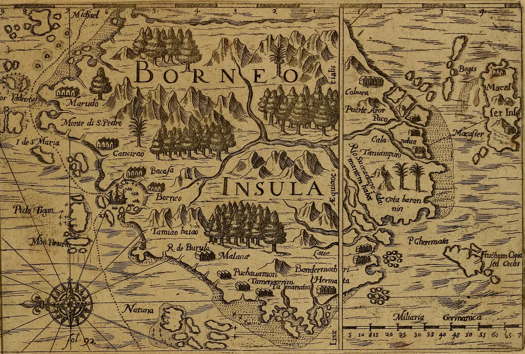 An illustration from Americæ nona & postrema pars : qua de ratione elementorum, de novi orbis natvra, de hvivs incolarvm svperstitiosis cultibus : deq; forma politiæ ac reipubl. ipsorum copiosè pertractatur : catalogo regnum Mexicanorum omnium, à primo vsq; ad vltimum Monteçuman II. additio ... : his accessit designatio illivs navigationis, quam 5. naves Hollandicae anno 1598. per fretum Magellanum in Moluccanas insulas tentarunt : quomodo nimirum oborta tempestate Capitaeus Sebalt de Weert à cæteris nauibus dispulsus, postquam plurimis mensibus in freto infinitis aerumnis miserè iactatus fuisset, tandem infectare post biennum an. 1600. domum reuersus sit : addita est tertio navigatio recens, quam 4. navium praefectus Olevier à Noort proximè suscepit ... : omnia è Germanico Latinitate donata, & insuper elegantissimis figuris æneis coornata editaq; sumptibus Theodori de Bry p.m. Viduæ & binorum filiorum, 1602, leaf 612