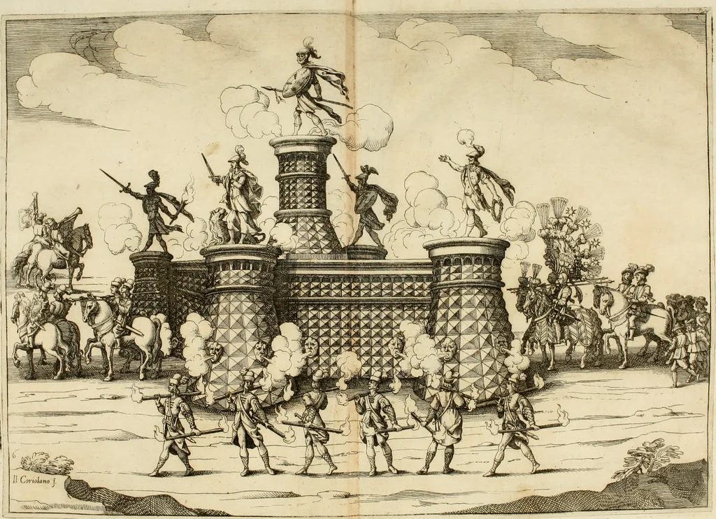 An illustration from Amore prigioniero in Delo : torneo fatto da' signori Academici torbidi in Bologna li XX. di marzo M.DC.XXVIII, 1628, leaf 77