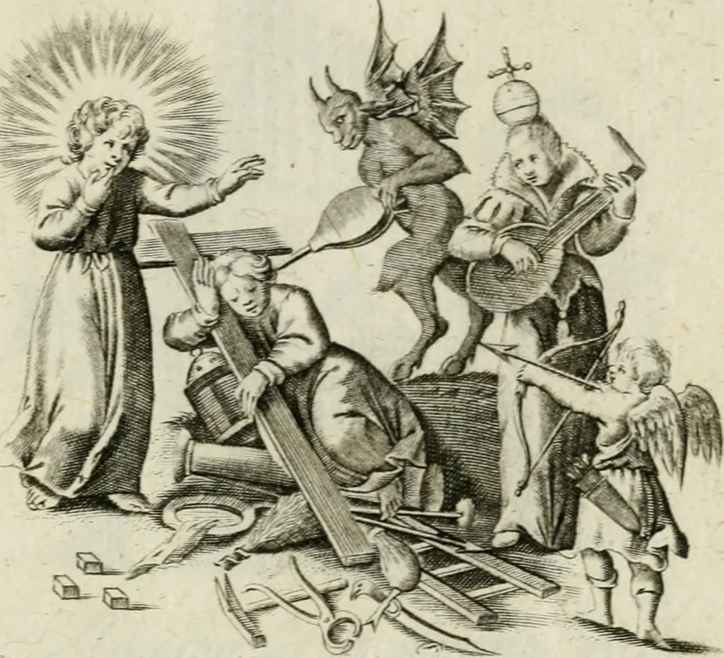 An illustration from Amoris diuini et humani antipathia : e variis Sacrae Scripturae locis depro[m]pta, emblematibus suis expressa et SS. PP. authoritatibus illustrata = Les effects diuers de l'amour diuin et humain : richement exprimés par petits emblemes tirés des SS. Ecritures et des SS. Peres, le tout mis en latin et francois, 1628, leaf 18