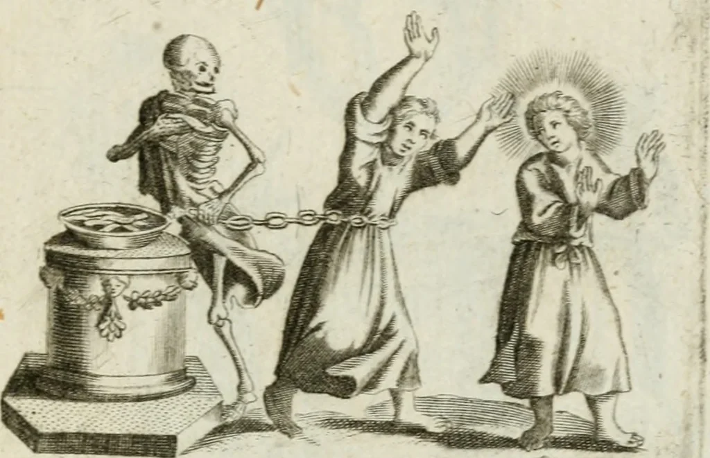 An illustration from Amoris diuini et humani antipathia : e variis Sacrae Scripturae locis depro[m]pta, emblematibus suis expressa et SS. PP. authoritatibus illustrata = Les effects diuers de l'amour diuin et humain : richement exprimés par petits emblemes tirés des SS. Ecritures et des SS. Peres, le tout mis en latin et francois, 1628, leaf 24