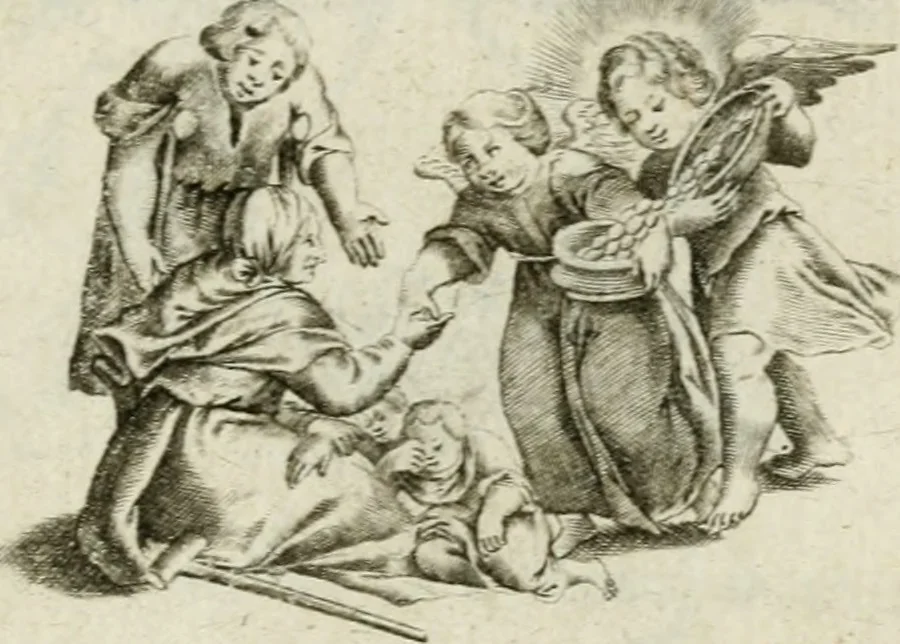 An illustration from Amoris diuini et humani antipathia : e variis Sacrae Scripturae locis depro[m]pta, emblematibus suis expressa et SS. PP. authoritatibus illustrata = Les effects diuers de l'amour diuin et humain : richement exprimés par petits emblemes tirés des SS. Ecritures et des SS. Peres, le tout mis en latin et francois, 1628, leaf 32