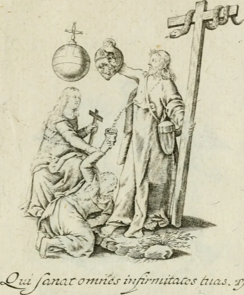 An illustration from Amoris diuini et humani antipathia : e variis Sacrae Scripturae locis depro[m]pta, emblematibus suis expressa et SS. PP. authoritatibus illustrata = Les effects diuers de l'amour diuin et humain : richement exprimés par petits emblemes tirés des SS. Ecritures et des SS. Peres, le tout mis en latin et francois, 1628, leaf 38