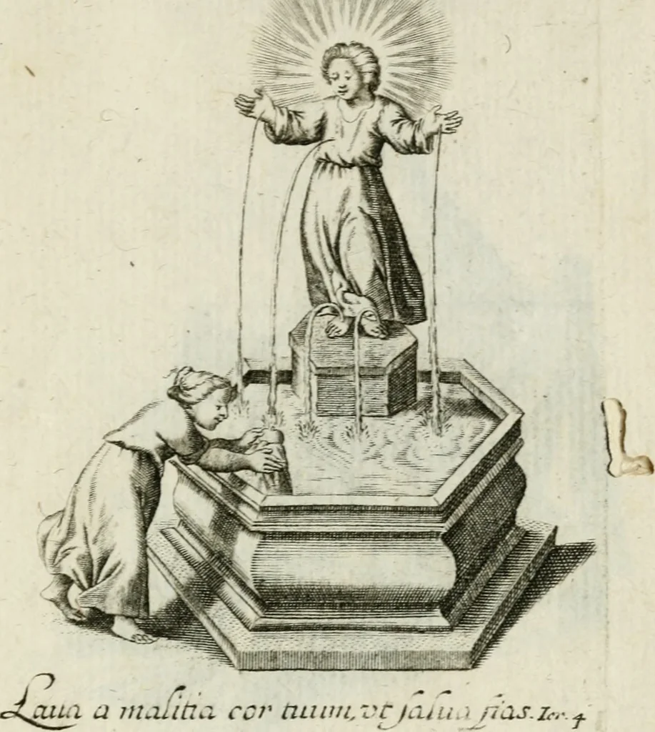 An illustration from Amoris diuini et humani antipathia : e variis Sacrae Scripturae locis depro[m]pta, emblematibus suis expressa et SS. PP. authoritatibus illustrata = Les effects diuers de l'amour diuin et humain : richement exprimés par petits emblemes tirés des SS. Ecritures et des SS. Peres, le tout mis en latin et francois, 1628, leaf 48
