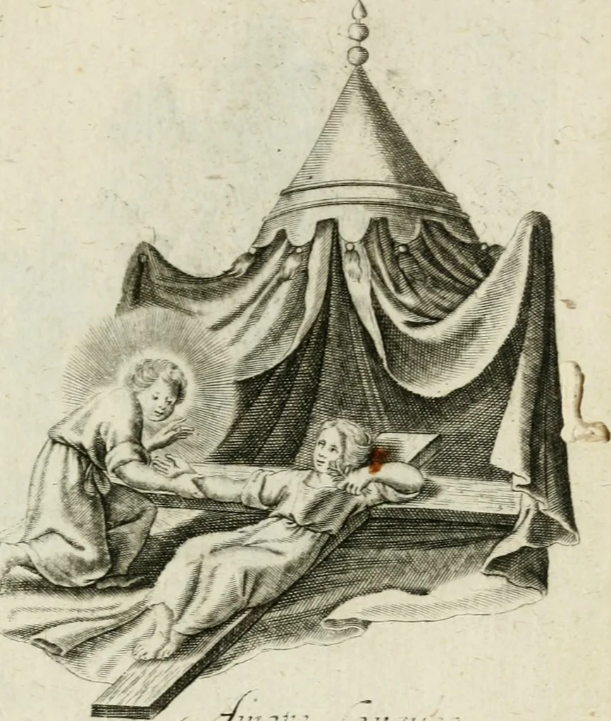 An illustration from Amoris diuini et humani antipathia : e variis Sacrae Scripturae locis depro[m]pta, emblematibus suis expressa et SS. PP. authoritatibus illustrata = Les effects diuers de l'amour diuin et humain : richement exprimés par petits emblemes tirés des SS. Ecritures et des SS. Peres, le tout mis en latin et francois, 1628, leaf 50
