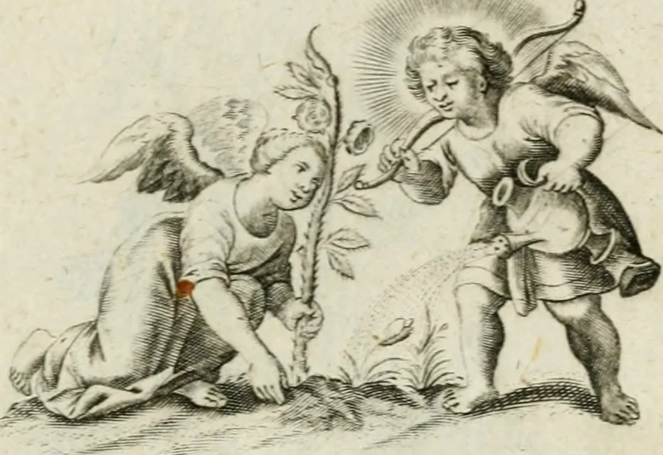 An illustration from Amoris diuini et humani antipathia : e variis Sacrae Scripturae locis depro[m]pta, emblematibus suis expressa et SS. PP. authoritatibus illustrata = Les effects diuers de l'amour diuin et humain : richement exprimés par petits emblemes tirés des SS. Ecritures et des SS. Peres, le tout mis en latin et francois, 1628, leaf 54