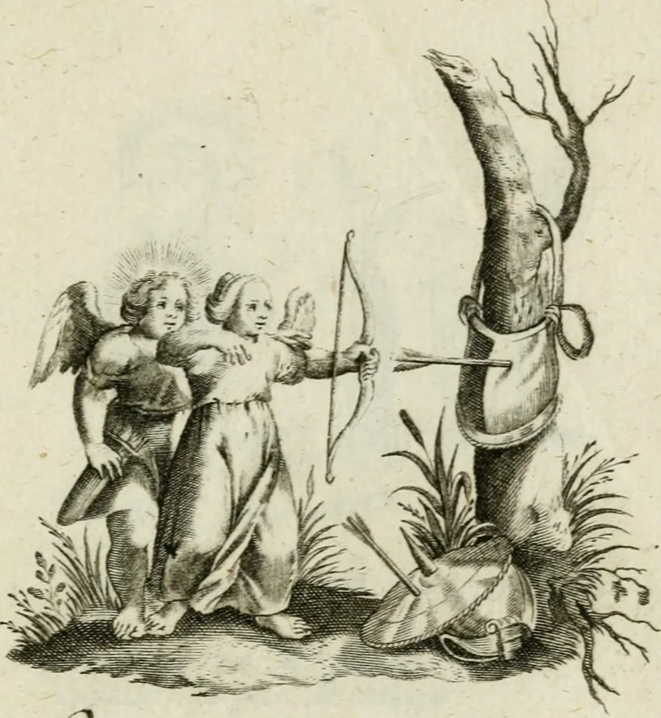 An illustration from Amoris diuini et humani antipathia : e variis Sacrae Scripturae locis depro[m]pta, emblematibus suis expressa et SS. PP. authoritatibus illustrata = Les effects diuers de l'amour diuin et humain : richement exprimés par petits emblemes tirés des SS. Ecritures et des SS. Peres, le tout mis en latin et francois, 1628, leaf 58