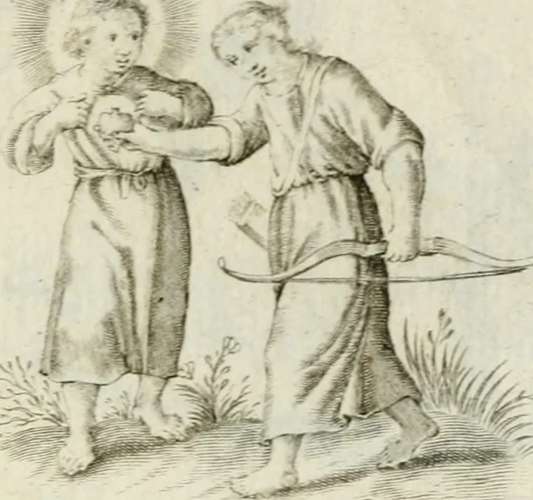 An illustration from Amoris diuini et humani antipathia : e variis Sacrae Scripturae locis depro[m]pta, emblematibus suis expressa et SS. PP. authoritatibus illustrata = Les effects diuers de l'amour diuin et humain : richement exprimés par petits emblemes tirés des SS. Ecritures et des SS. Peres, le tout mis en latin et francois, 1628, leaf 64