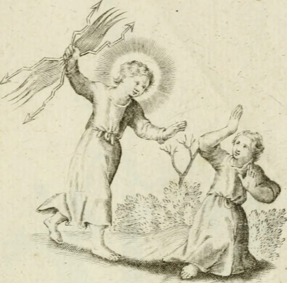 An illustration from Amoris diuini et humani antipathia : e variis Sacrae Scripturae locis depro[m]pta, emblematibus suis expressa et SS. PP. authoritatibus illustrata = Les effects diuers de l'amour diuin et humain : richement exprimés par petits emblemes tirés des SS. Ecritures et des SS. Peres, le tout mis en latin et francois, 1628, leaf 66