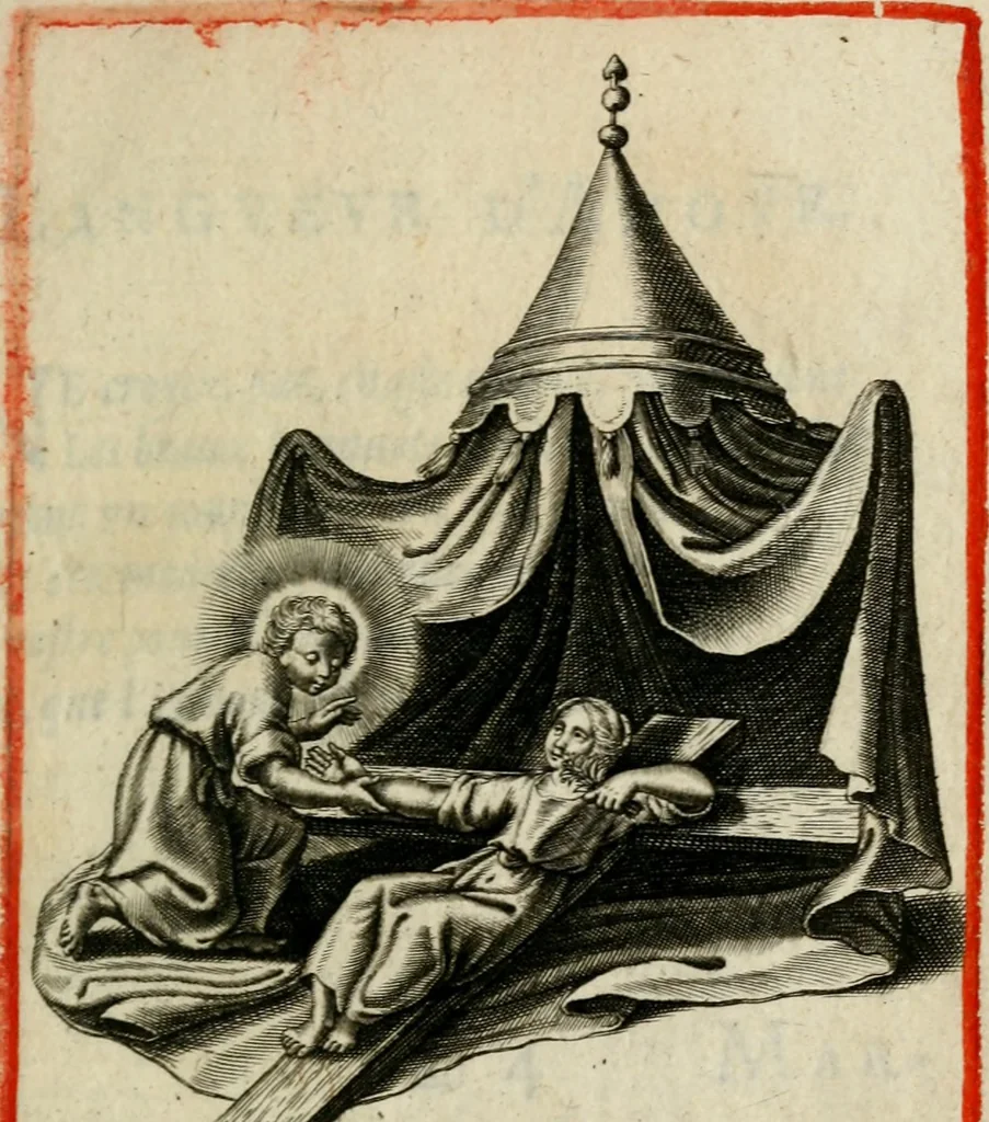 An illustration from Amoris diuini et humani effectus : varii Sacrae Scripturae Sanctorumq[ue] PP. sententijs : ac Gallicis versibus illustrati, 1626, leaf 142
