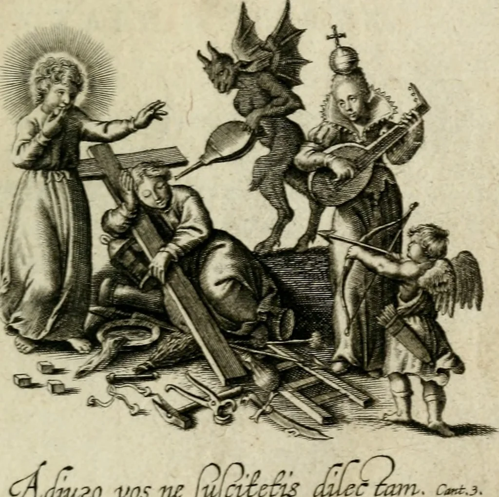An illustration from Amoris diuini et humani effectus : varii Sacrae Scripturae Sanctorumq[ue] PP. sententijs : ac Gallicis versibus illustrati, 1626, leaf 158