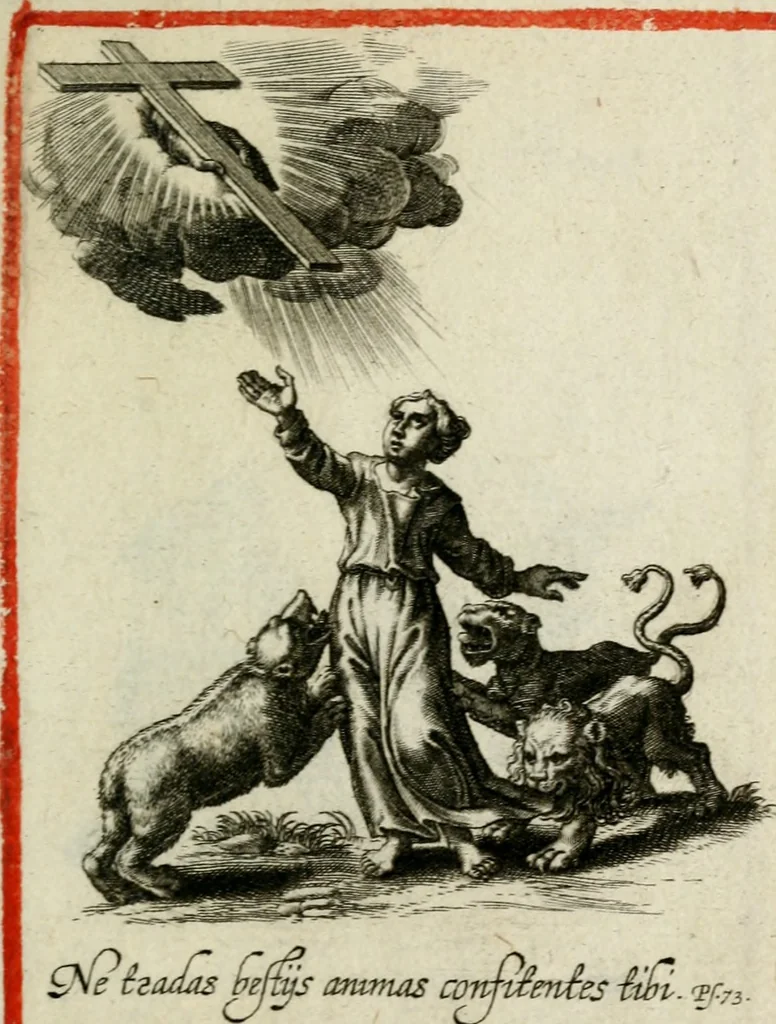An illustration from Amoris diuini et humani effectus : varii Sacrae Scripturae Sanctorumq[ue] PP. sententijs : ac Gallicis versibus illustrati, 1626, leaf 166