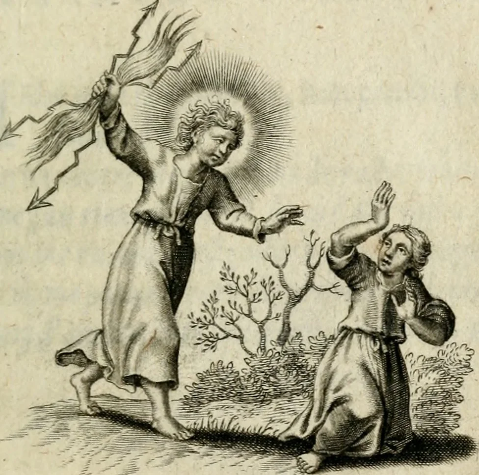 An illustration from Amoris diuini et humani effectus : varii Sacrae Scripturae Sanctorumq[ue] PP. sententijs : ac Gallicis versibus illustrati, 1626, leaf 42