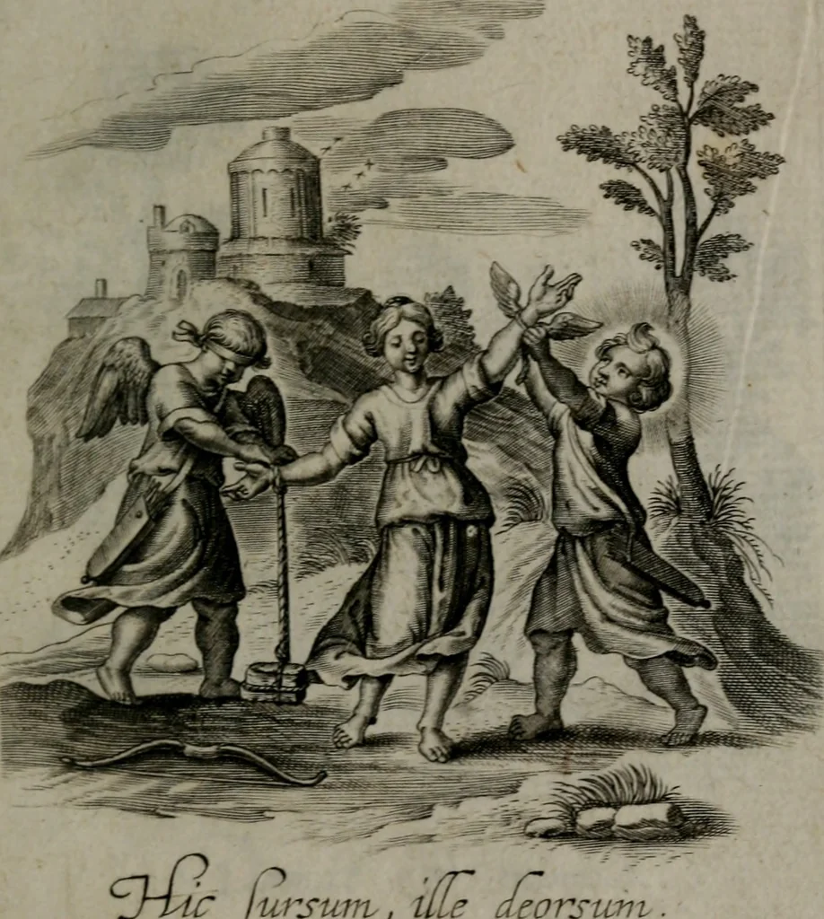 An illustration from Amoris divini et humani antipathia, sive effectus varij, e varijs Sacrae Scripturae locis deprompti, elblematis suis expressi ..., 1629, leaf 386