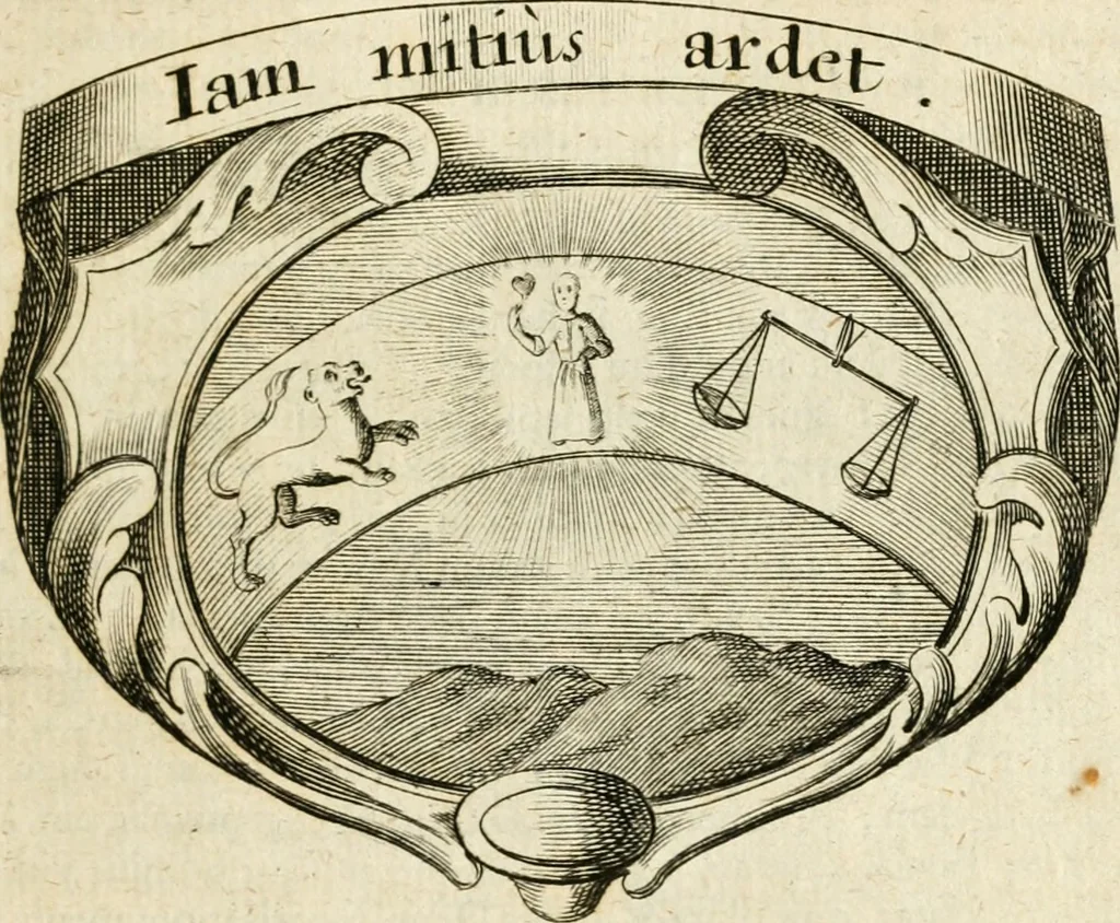 An illustration from Mater amoris et doloris : quam Christus in cruce moriens omnibus ac singulis suis fidelibus in matrem legavit, ecce mater tua : nunc explicata per sacra emblemata, figuras scripturae quàm plurimas, conceptus varios praedicabiles, SS. patrum sententias, raras historias, & pios ad Jesum patientem, ac sanctissimam matrem ejus compatientem affectus : opus omnibus Jesum & Mariam amantibus, praedicantibus, aut meditantibus perutile, com triplici indice considerationum, rerum memorabilium, & concionatorio, formandis per annum concionibus opportuno, 1726, leaf 118