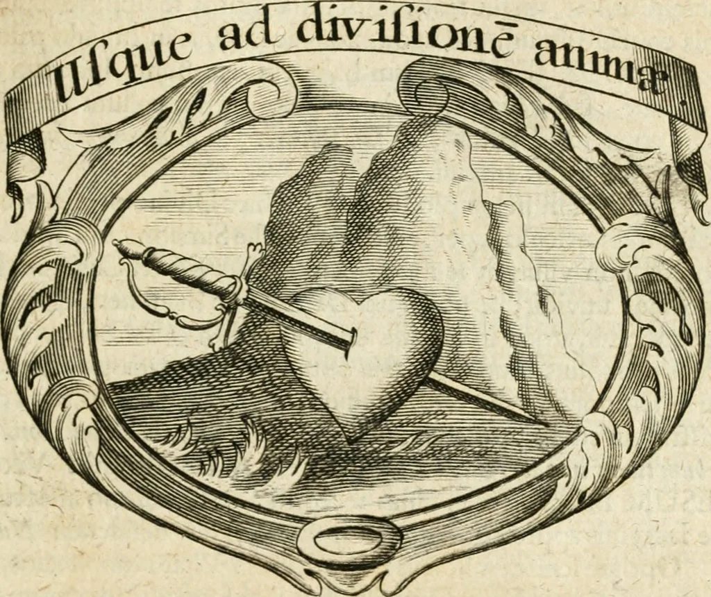 An illustration from Mater amoris et doloris : quam Christus in cruce moriens omnibus ac singulis suis fidelibus in matrem legavit, ecce mater tua : nunc explicata per sacra emblemata, figuras scripturae quàm plurimas, conceptus varios praedicabiles, SS. patrum sententias, raras historias, & pios ad Jesum patientem, ac sanctissimam matrem ejus compatientem affectus : opus omnibus Jesum & Mariam amantibus, praedicantibus, aut meditantibus perutile, com triplici indice considerationum, rerum memorabilium, & concionatorio, formandis per annum concionibus opportuno, 1726, leaf 152