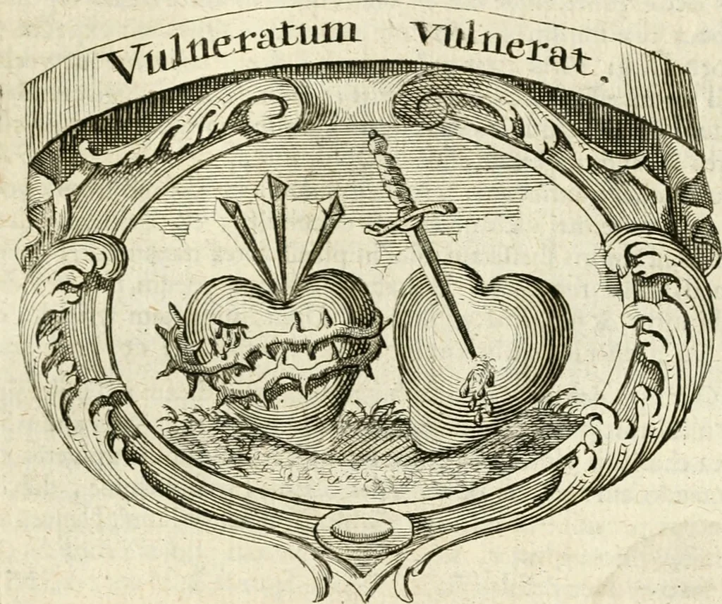An illustration from Mater amoris et doloris : quam Christus in cruce moriens omnibus ac singulis suis fidelibus in matrem legavit, ecce mater tua : nunc explicata per sacra emblemata, figuras scripturae quàm plurimas, conceptus varios praedicabiles, SS. patrum sententias, raras historias, & pios ad Jesum patientem, ac sanctissimam matrem ejus compatientem affectus : opus omnibus Jesum & Mariam amantibus, praedicantibus, aut meditantibus perutile, com triplici indice considerationum, rerum memorabilium, & concionatorio, formandis per annum concionibus opportuno, 1726, leaf 346