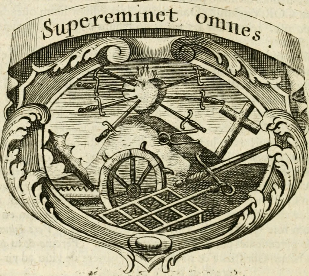 An illustration from Mater amoris et doloris : quam Christus in cruce moriens omnibus ac singulis suis fidelibus in matrem legavit, ecce mater tua : nunc explicata per sacra emblemata, figuras scripturae quàm plurimas, conceptus varios praedicabiles, SS. patrum sententias, raras historias, & pios ad Jesum patientem, ac sanctissimam matrem ejus compatientem affectus : opus omnibus Jesum & Mariam amantibus, praedicantibus, aut meditantibus perutile, com triplici indice considerationum, rerum memorabilium, & concionatorio, formandis per annum concionibus opportuno, 1726, leaf 353