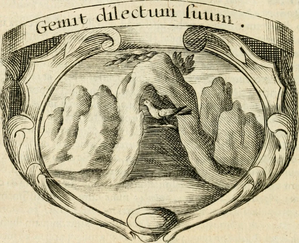 An illustration from Mater amoris et doloris : quam Christus in cruce moriens omnibus ac singulis suis fidelibus in matrem legavit, ecce mater tua : nunc explicata per sacra emblemata, figuras scripturae quàm plurimas, conceptus varios praedicabiles, SS. patrum sententias, raras historias, & pios ad Jesum patientem, ac sanctissimam matrem ejus compatientem affectus : opus omnibus Jesum & Mariam amantibus, praedicantibus, aut meditantibus perutile, com triplici indice considerationum, rerum memorabilium, & concionatorio, formandis per annum concionibus opportuno, 1726, leaf 433