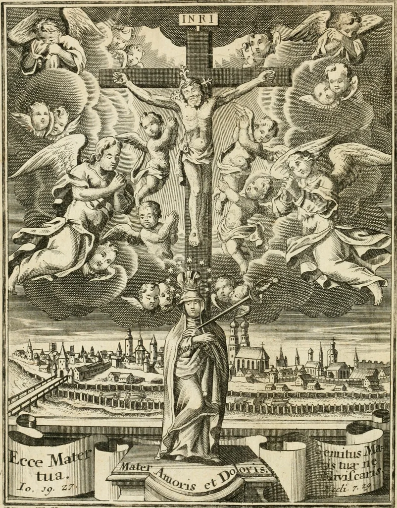 An illustration from Mater amoris et doloris : quam Christus in cruce moriens omnibus ac singulis suis fidelibus in matrem legavit, ecce mater tua : nunc explicata per sacra emblemata, figuras scripturae quàm plurimas, conceptus varios praedicabiles, SS. patrum sententias, raras historias, & pios ad Jesum patientem, ac sanctissimam matrem ejus compatientem affectus : opus omnibus Jesum & Mariam amantibus, praedicantibus, aut meditantibus perutile, com triplici indice considerationum, rerum memorabilium, & concionatorio, formandis per annum concionibus opportuno, 1726, leaf 5