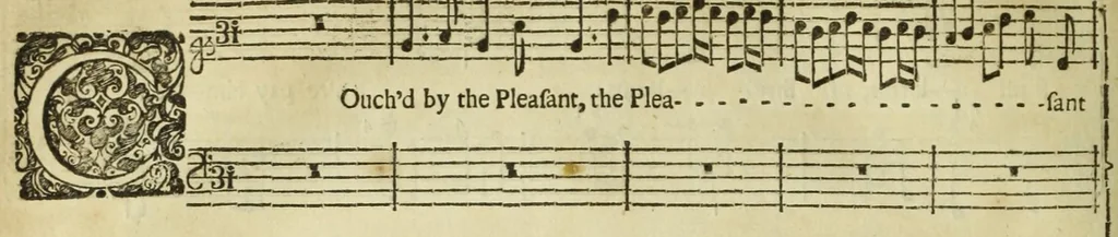 An illustration from Amphion Anglicus. : A work of many compositions for one, two, three and four voices: with several accompagnements of instrumental musick; and a thorow-bass to each song: figur'd for an organ, harpsichord, or theorboe-lute, 1700, leaf 112