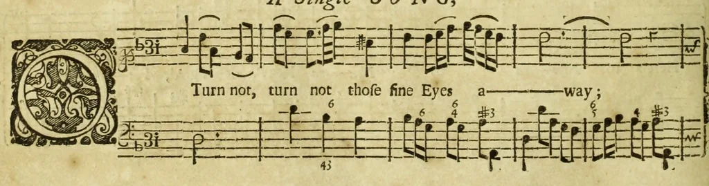 An illustration from Amphion Anglicus. : A work of many compositions for one, two, three and four voices: with several accompagnements of instrumental musick; and a thorow-bass to each song: figur'd for an organ, harpsichord, or theorboe-lute, 1700, leaf 130
