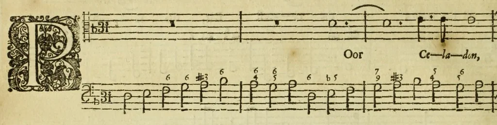 An illustration from Amphion Anglicus. : A work of many compositions for one, two, three and four voices: with several accompagnements of instrumental musick; and a thorow-bass to each song: figur'd for an organ, harpsichord, or theorboe-lute, 1700, leaf 46