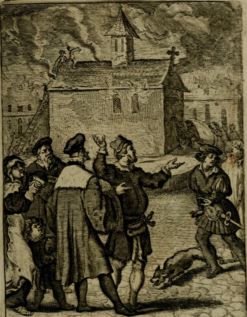 An illustration from Amstelredams eer ende opcomen, : door de denckwaerdighe miraklen aldaer gescheid, aen ende door het H. Sacrement des altaers. Anno 1345, 1639, leaf 100