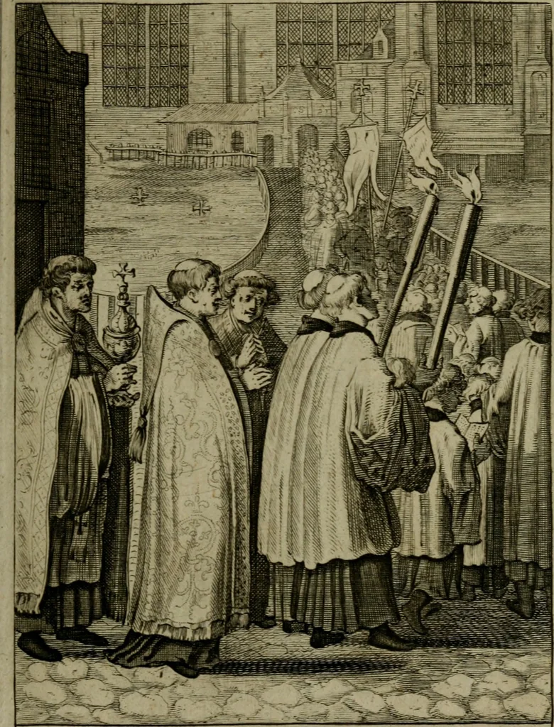 An illustration from Amstelredams eer ende opcomen, : door de denckwaerdighe miraklen aldaer gescheid, aen ende door het H. Sacrement des altaers. Anno 1345, 1639, leaf 90