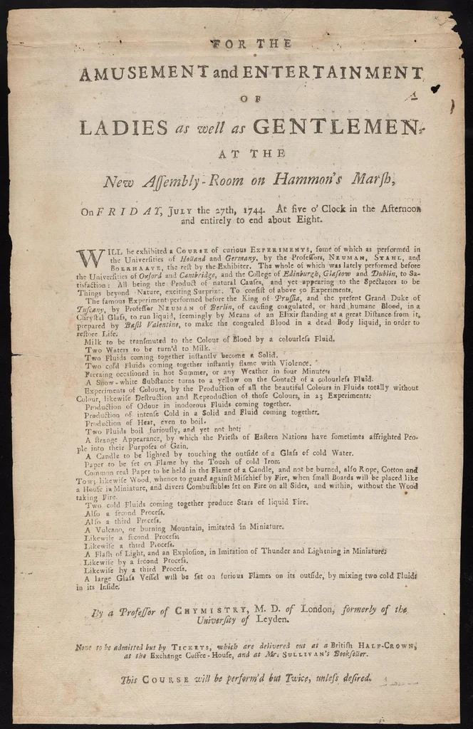 An illustration from For the amusement and entertainment of ladies as well as gentlemen, at the new Assembly-Room on Hammon's Marsh, on Friday, July the 27th, 1744, at five o'clock in the afternoon and entirely to end about eight, 1744, leaf 1