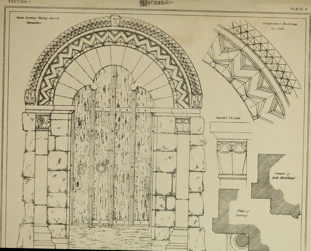 An illustration from An analysis of Gothic architecture. Illustrated by a series of upwards of seven hundred examples of doorways, windows, mouldings, roofs, arches, crosses, panels, buttresses, seats, screens, etc., and accompanied with remarks on the several details of an ecclesiastical edifice, 1903, leaf 136