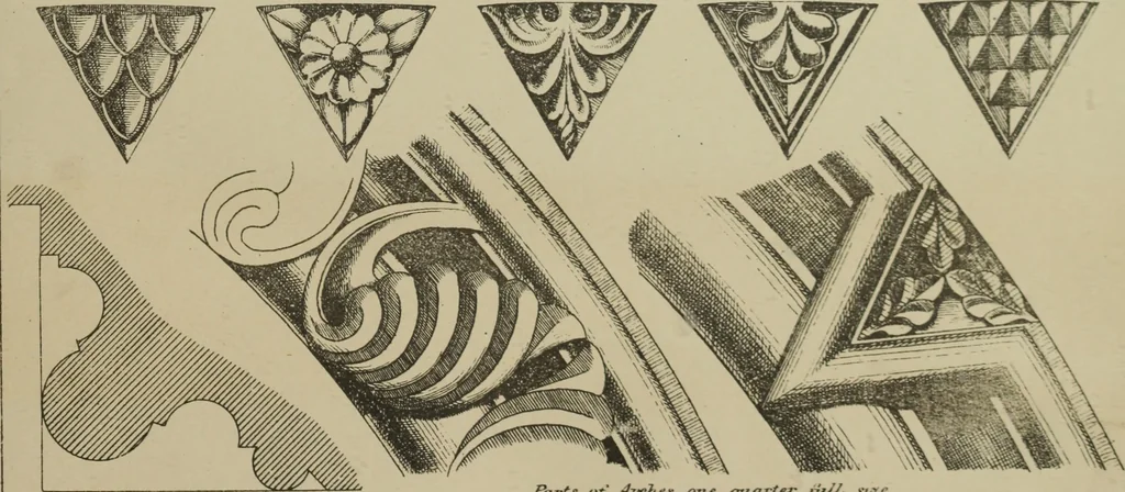 An illustration from An analysis of Gothic architecture. Illustrated by a series of upwards of seven hundred examples of doorways, windows, mouldings, roofs, arches, crosses, panels, buttresses, seats, screens, etc., and accompanied with remarks on the several details of an ecclesiastical edifice, 1903, leaf 150
