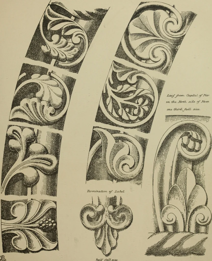 An illustration from An analysis of Gothic architecture. Illustrated by a series of upwards of seven hundred examples of doorways, windows, mouldings, roofs, arches, crosses, panels, buttresses, seats, screens, etc., and accompanied with remarks on the several details of an ecclesiastical edifice, 1903, leaf 154