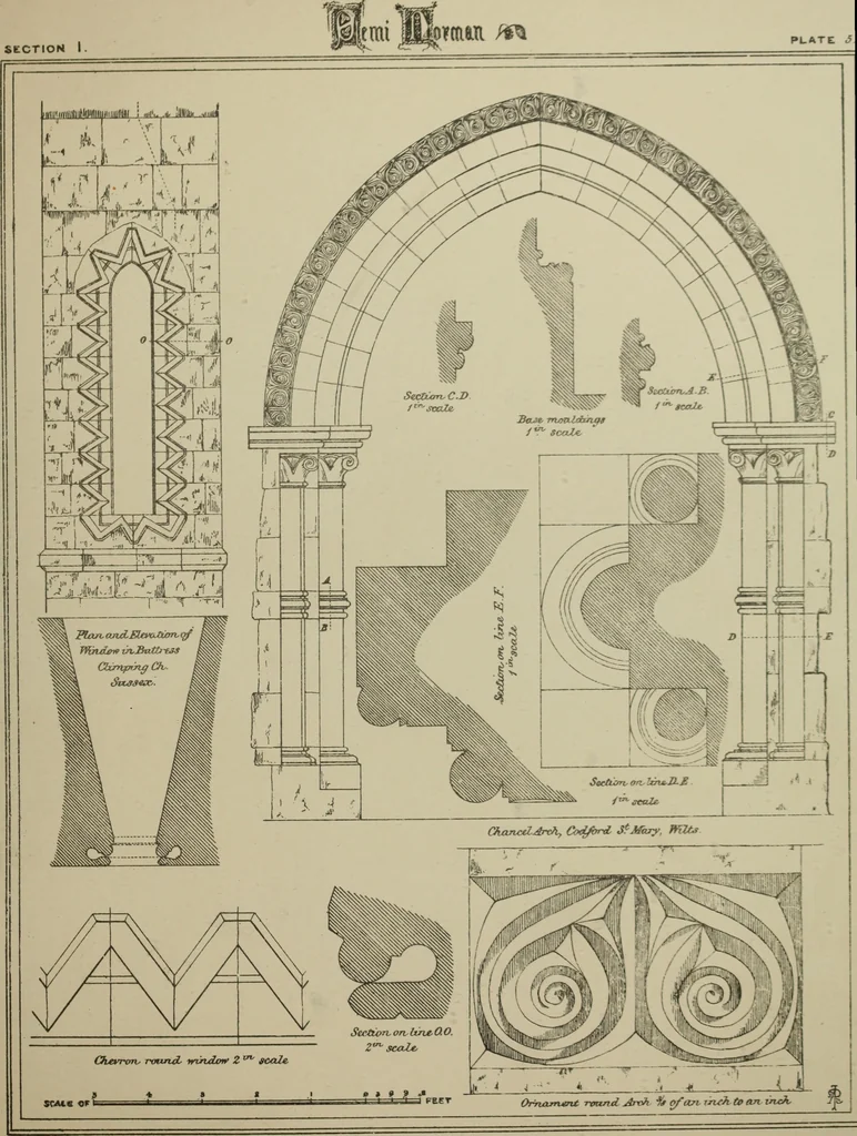 An illustration from An analysis of Gothic architecture. Illustrated by a series of upwards of seven hundred examples of doorways, windows, mouldings, roofs, arches, crosses, panels, buttresses, seats, screens, etc., and accompanied with remarks on the several details of an ecclesiastical edifice, 1903, leaf 156