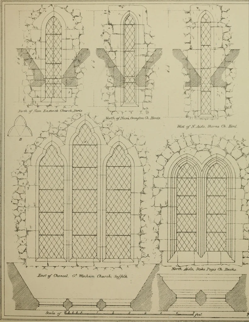 An illustration from An analysis of Gothic architecture. Illustrated by a series of upwards of seven hundred examples of doorways, windows, mouldings, roofs, arches, crosses, panels, buttresses, seats, screens, etc., and accompanied with remarks on the several details of an ecclesiastical edifice, 1903, leaf 158