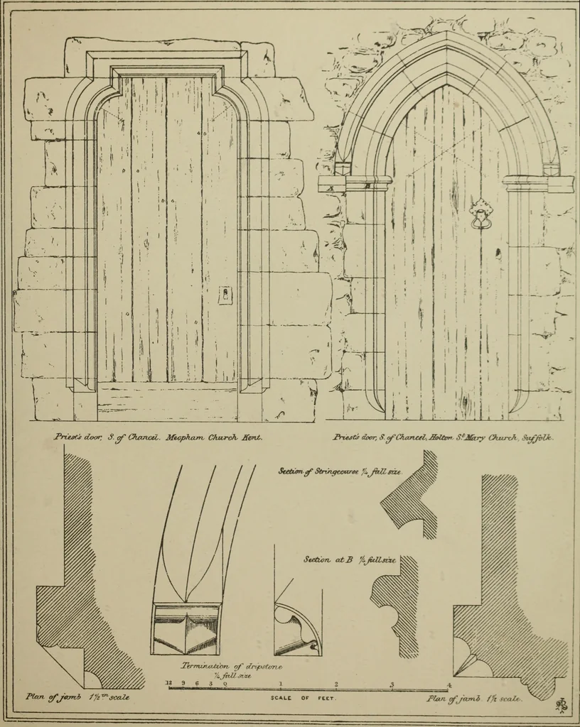 An illustration from An analysis of Gothic architecture. Illustrated by a series of upwards of seven hundred examples of doorways, windows, mouldings, roofs, arches, crosses, panels, buttresses, seats, screens, etc., and accompanied with remarks on the several details of an ecclesiastical edifice, 1903, leaf 162