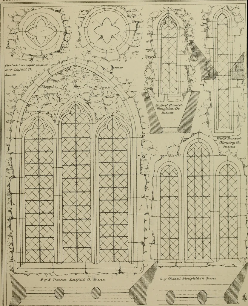 An illustration from An analysis of Gothic architecture. Illustrated by a series of upwards of seven hundred examples of doorways, windows, mouldings, roofs, arches, crosses, panels, buttresses, seats, screens, etc., and accompanied with remarks on the several details of an ecclesiastical edifice, 1903, leaf 164