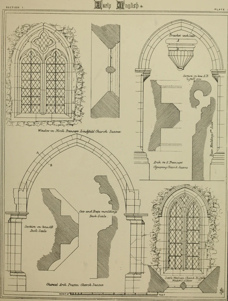 An illustration from An analysis of Gothic architecture. Illustrated by a series of upwards of seven hundred examples of doorways, windows, mouldings, roofs, arches, crosses, panels, buttresses, seats, screens, etc., and accompanied with remarks on the several details of an ecclesiastical edifice, 1903, leaf 166