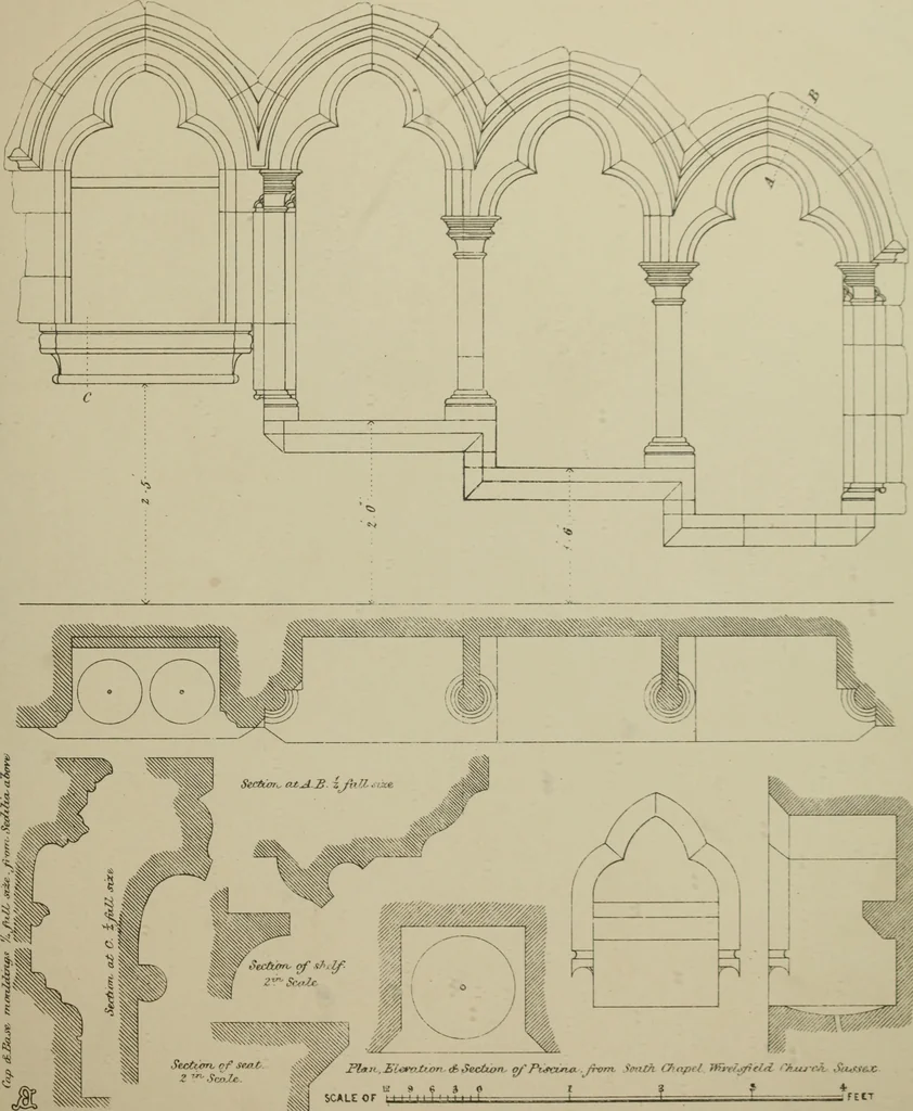 An illustration from An analysis of Gothic architecture. Illustrated by a series of upwards of seven hundred examples of doorways, windows, mouldings, roofs, arches, crosses, panels, buttresses, seats, screens, etc., and accompanied with remarks on the several details of an ecclesiastical edifice, 1903, leaf 168