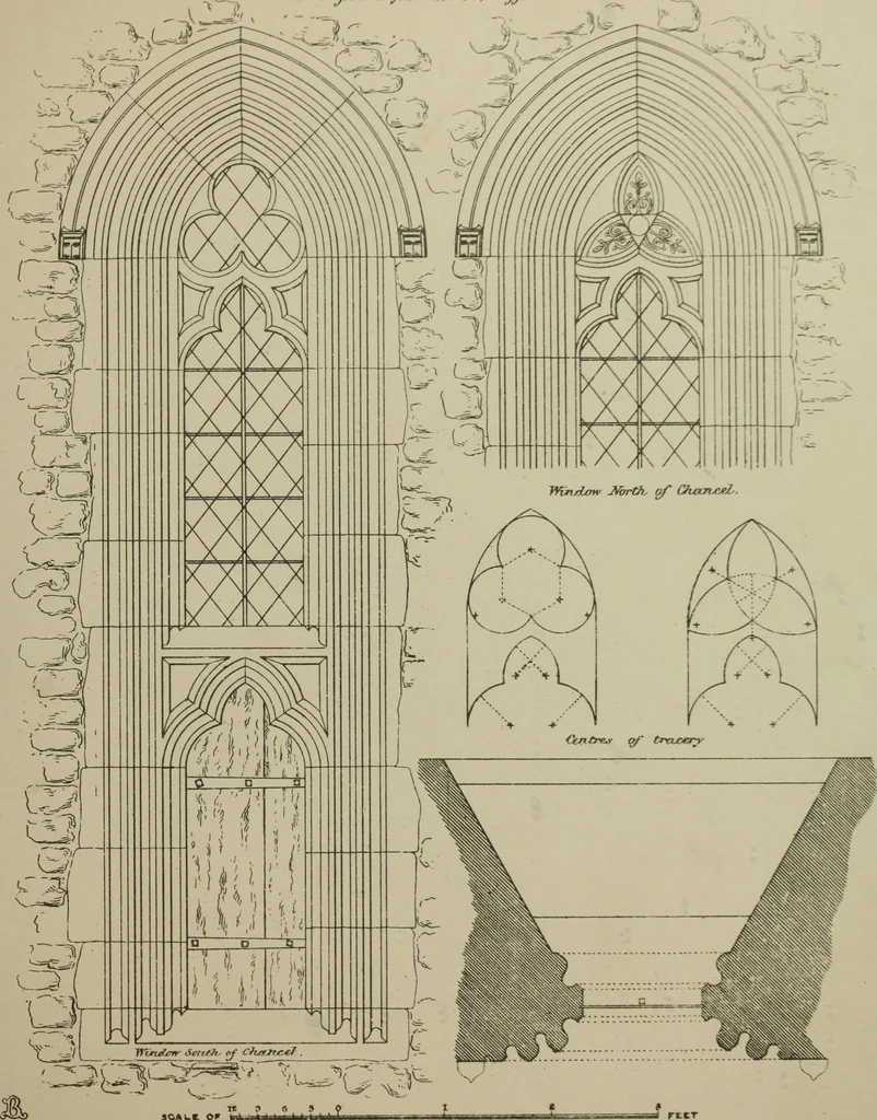 An illustration from An analysis of Gothic architecture. Illustrated by a series of upwards of seven hundred examples of doorways, windows, mouldings, roofs, arches, crosses, panels, buttresses, seats, screens, etc., and accompanied with remarks on the several details of an ecclesiastical edifice, 1903, leaf 172
