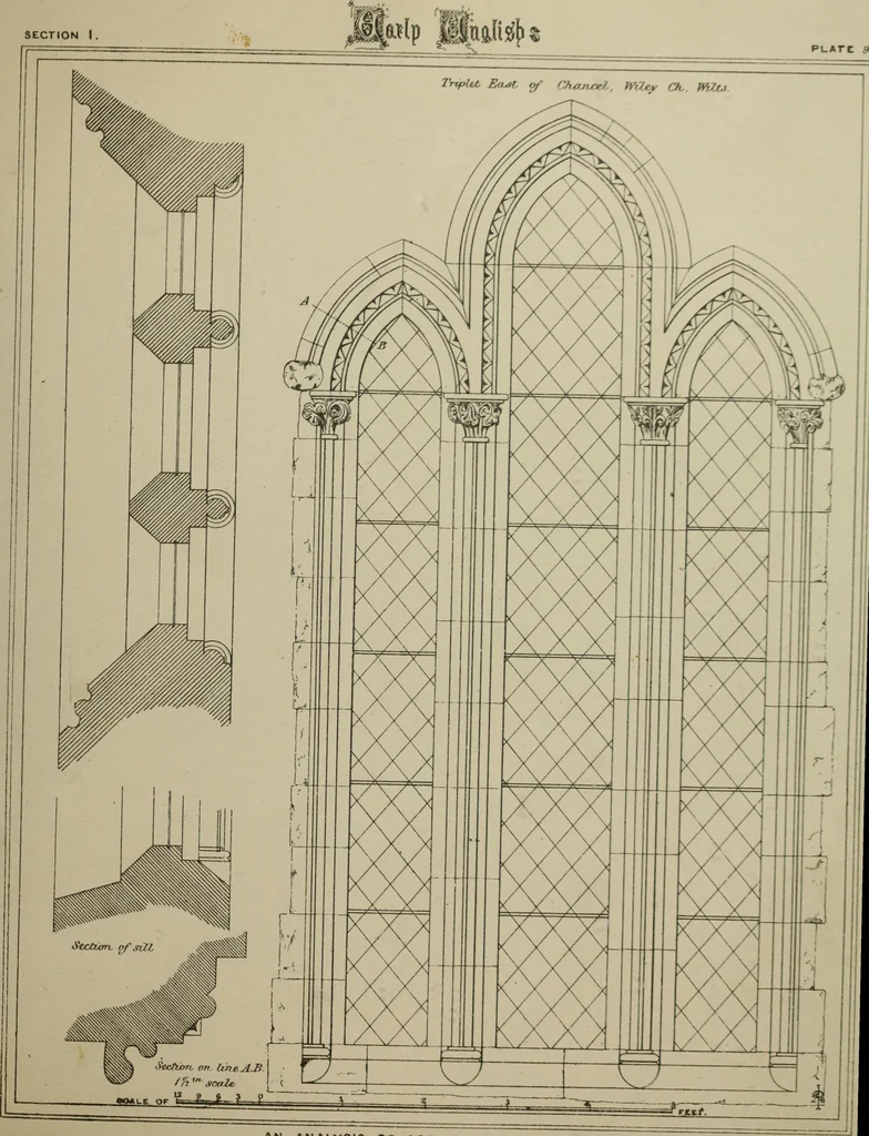 An illustration from An analysis of Gothic architecture. Illustrated by a series of upwards of seven hundred examples of doorways, windows, mouldings, roofs, arches, crosses, panels, buttresses, seats, screens, etc., and accompanied with remarks on the several details of an ecclesiastical edifice, 1903, leaf 174