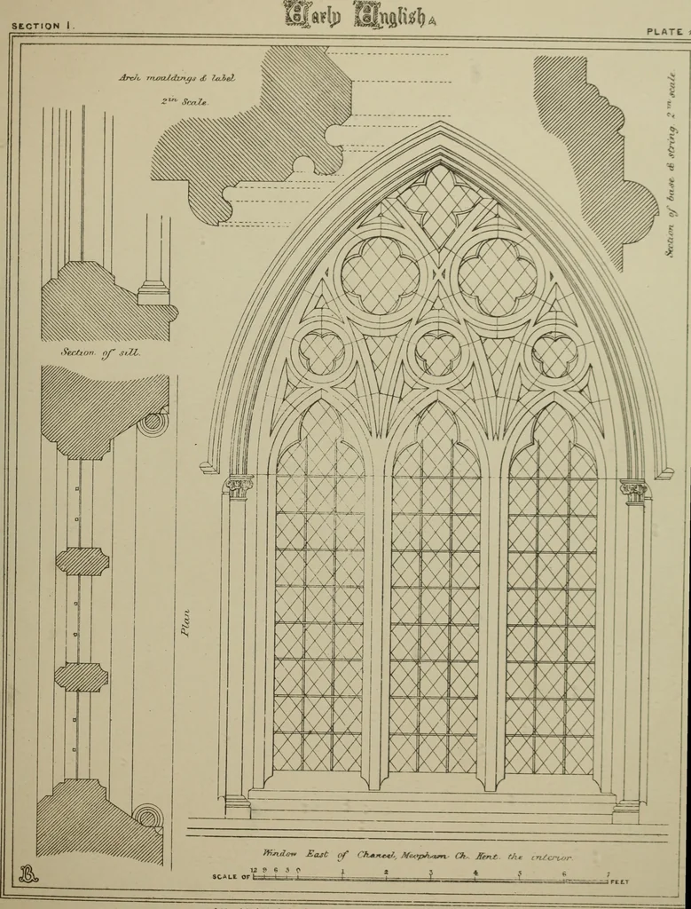An illustration from An analysis of Gothic architecture. Illustrated by a series of upwards of seven hundred examples of doorways, windows, mouldings, roofs, arches, crosses, panels, buttresses, seats, screens, etc., and accompanied with remarks on the several details of an ecclesiastical edifice, 1903, leaf 176