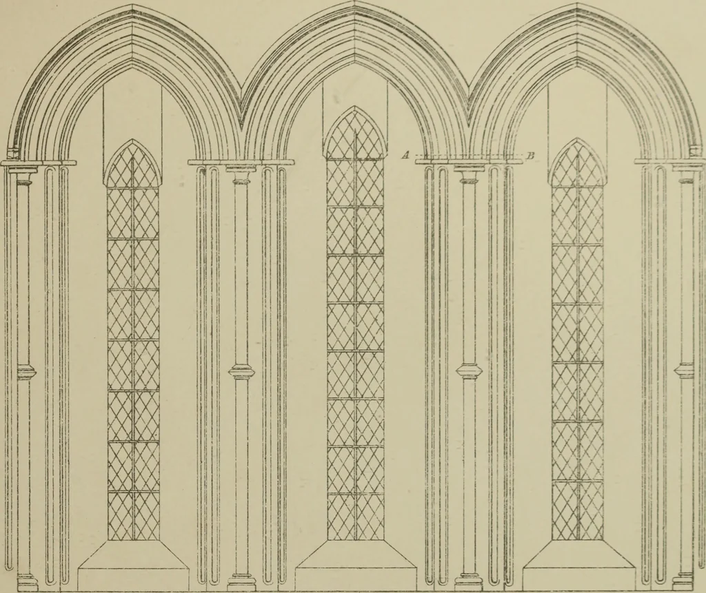 An illustration from An analysis of Gothic architecture. Illustrated by a series of upwards of seven hundred examples of doorways, windows, mouldings, roofs, arches, crosses, panels, buttresses, seats, screens, etc., and accompanied with remarks on the several details of an ecclesiastical edifice, 1903, leaf 180