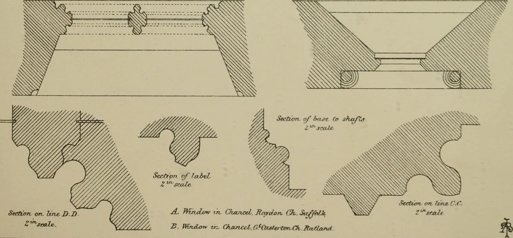 An illustration from An analysis of Gothic architecture. Illustrated by a series of upwards of seven hundred examples of doorways, windows, mouldings, roofs, arches, crosses, panels, buttresses, seats, screens, etc., and accompanied with remarks on the several details of an ecclesiastical edifice, 1903, leaf 182