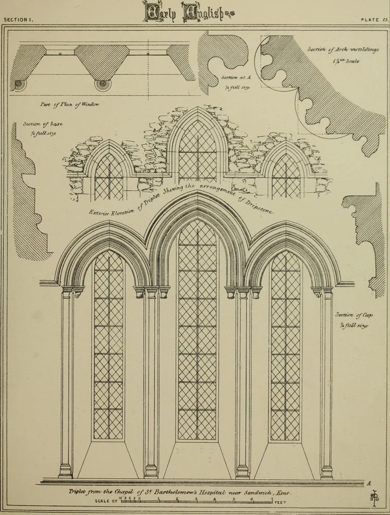 An illustration from An analysis of Gothic architecture. Illustrated by a series of upwards of seven hundred examples of doorways, windows, mouldings, roofs, arches, crosses, panels, buttresses, seats, screens, etc., and accompanied with remarks on the several details of an ecclesiastical edifice, 1903, leaf 186