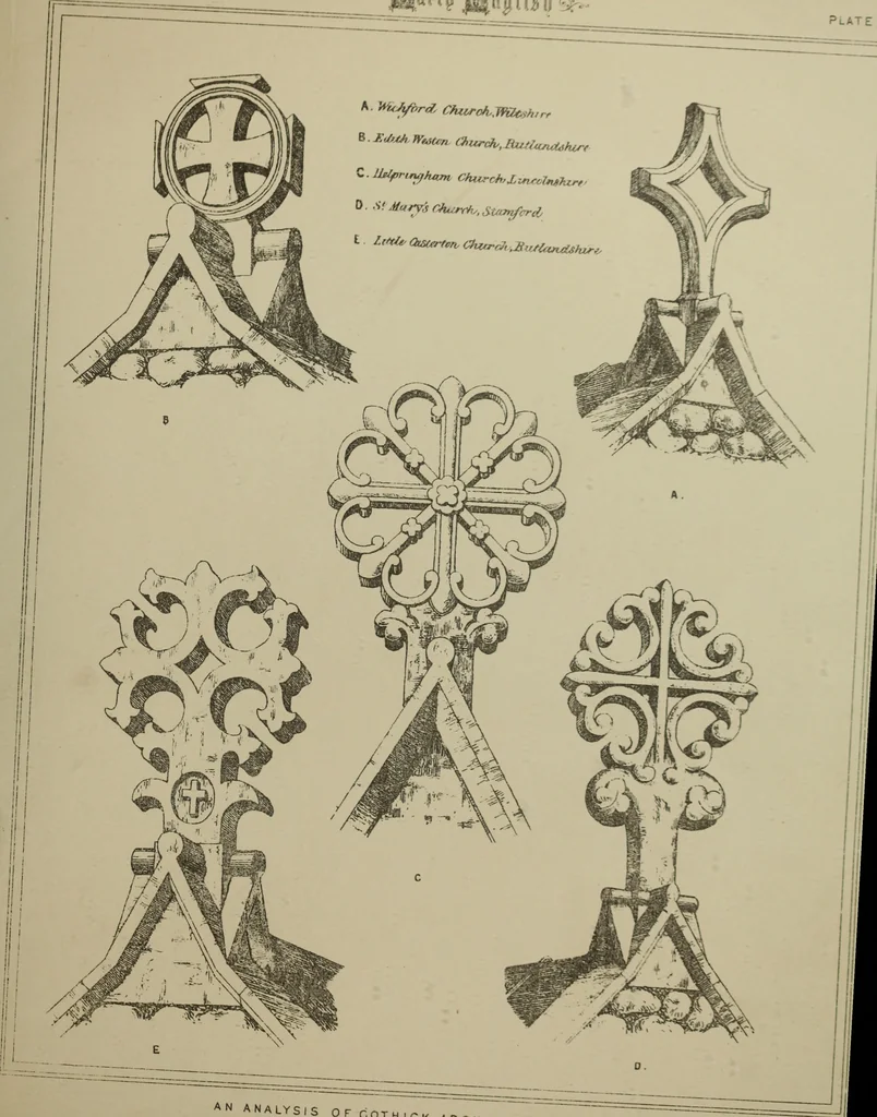 An illustration from An analysis of Gothic architecture. Illustrated by a series of upwards of seven hundred examples of doorways, windows, mouldings, roofs, arches, crosses, panels, buttresses, seats, screens, etc., and accompanied with remarks on the several details of an ecclesiastical edifice, 1903, leaf 188