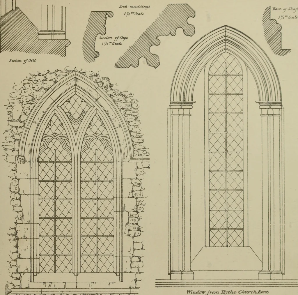 An illustration from An analysis of Gothic architecture. Illustrated by a series of upwards of seven hundred examples of doorways, windows, mouldings, roofs, arches, crosses, panels, buttresses, seats, screens, etc., and accompanied with remarks on the several details of an ecclesiastical edifice, 1903, leaf 190