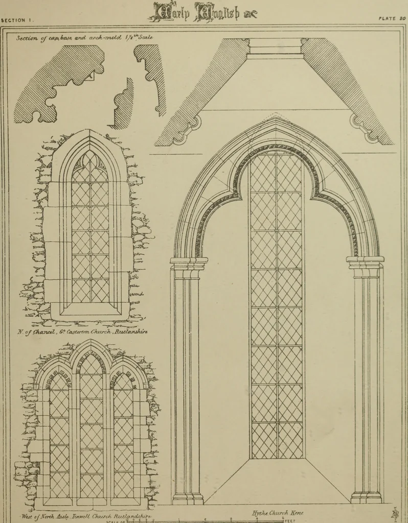 An illustration from An analysis of Gothic architecture. Illustrated by a series of upwards of seven hundred examples of doorways, windows, mouldings, roofs, arches, crosses, panels, buttresses, seats, screens, etc., and accompanied with remarks on the several details of an ecclesiastical edifice, 1903, leaf 196