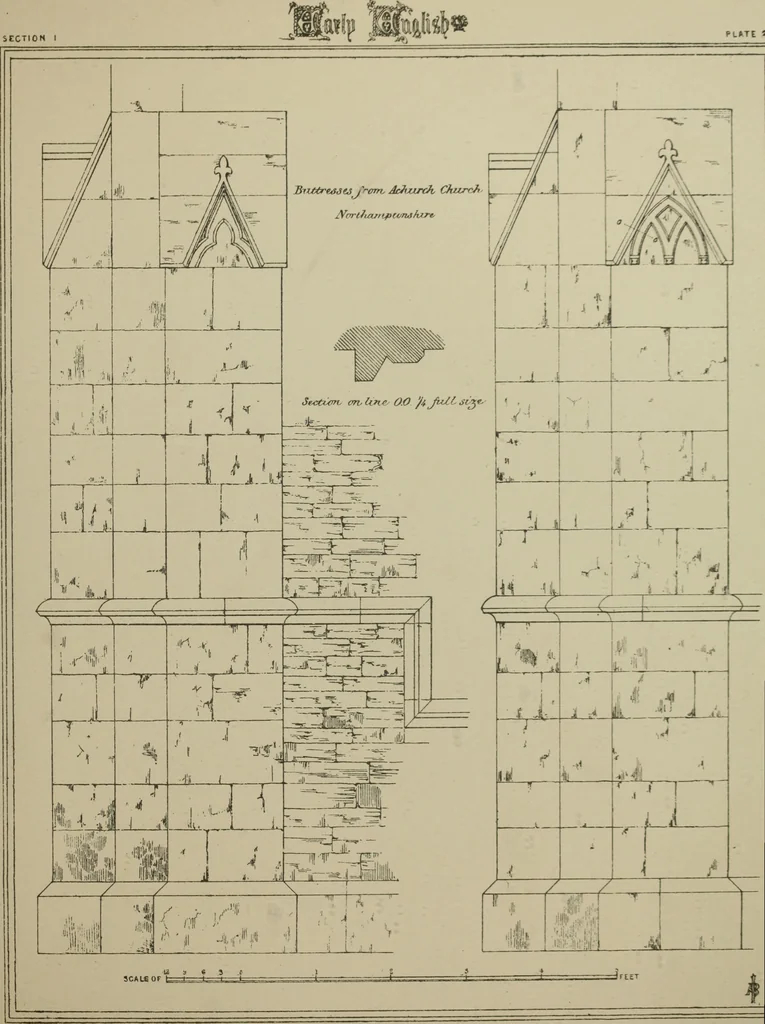 An illustration from An analysis of Gothic architecture. Illustrated by a series of upwards of seven hundred examples of doorways, windows, mouldings, roofs, arches, crosses, panels, buttresses, seats, screens, etc., and accompanied with remarks on the several details of an ecclesiastical edifice, 1903, leaf 200