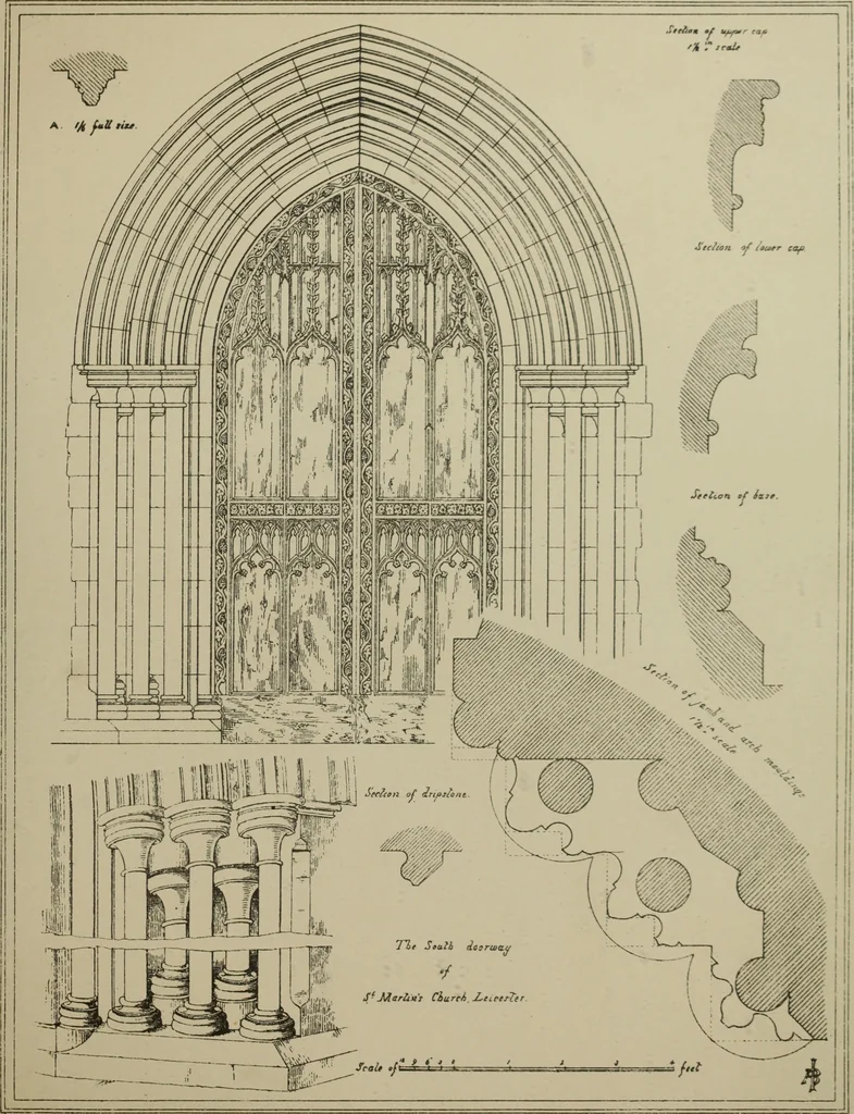 An illustration from An analysis of Gothic architecture. Illustrated by a series of upwards of seven hundred examples of doorways, windows, mouldings, roofs, arches, crosses, panels, buttresses, seats, screens, etc., and accompanied with remarks on the several details of an ecclesiastical edifice, 1903, leaf 202